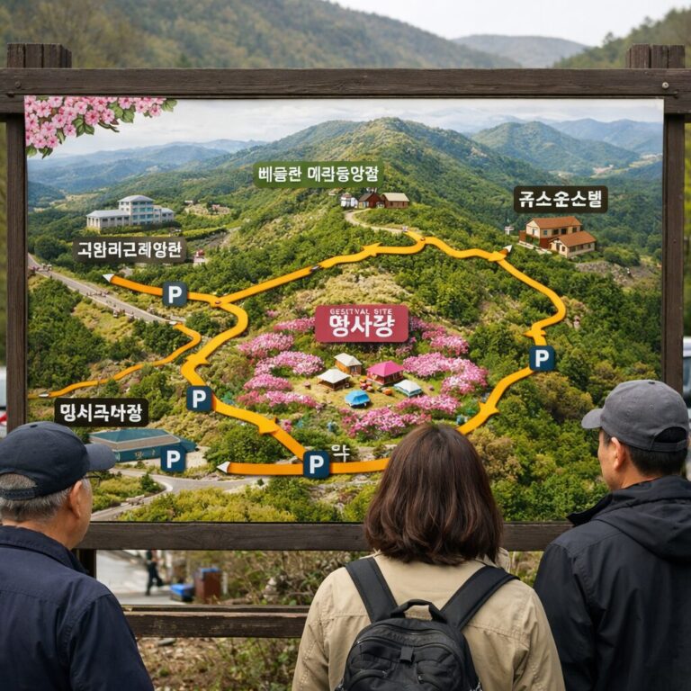 비슬산 참꽃문화제 행사장 위치와 주요 이동 경로 지도. 국립대구과학관과 비슬산 자연휴양림, 유스호스텔 위치가 표시되어 있음.