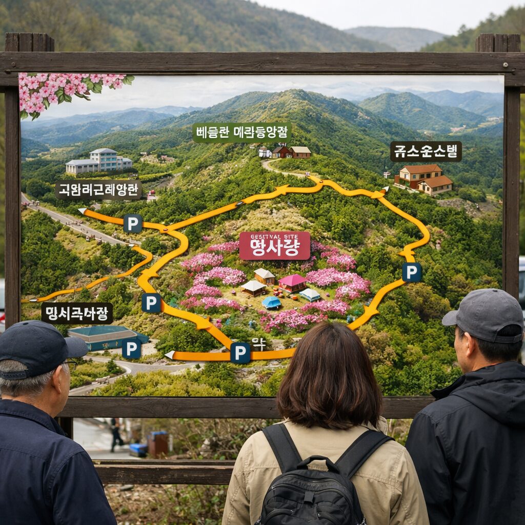 비슬산 참꽃문화제 행사장 위치와 주요 이동 경로 지도. 국립대구과학관과 비슬산 자연휴양림, 유스호스텔 위치가 표시되어 있음.