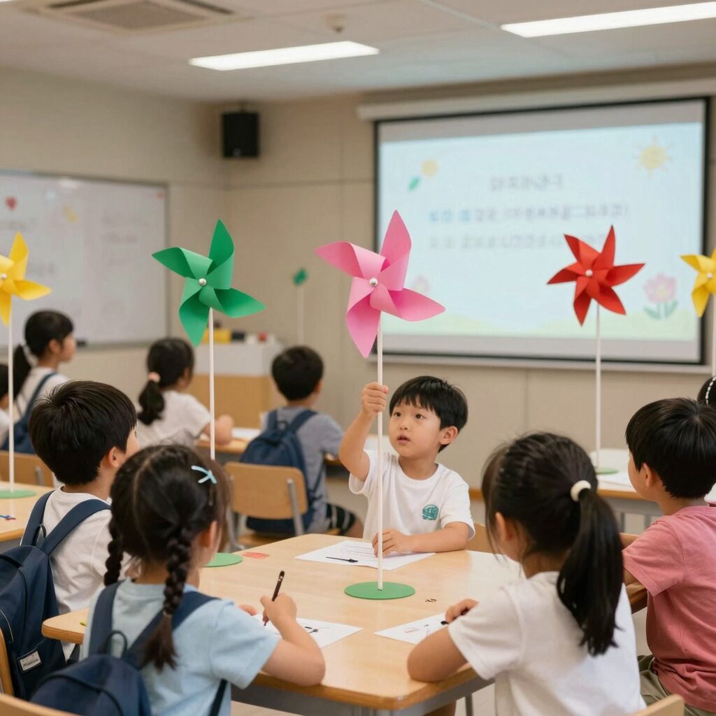 보령 어린이날 축제에서 아이들이 체험 부스에서 바람개비를 만들고 있는 모습