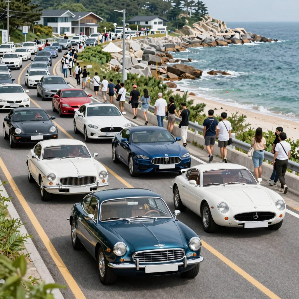 2026 보령 국제 모터 페스티벌 메인 카 퍼레이드가 해안도로에서 진행되는 모습, 다양한 클래식카와 슈퍼카 행렬