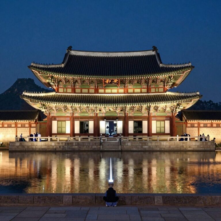 창경궁 야간 특별관람 시 명정전과 화려한 조명이 비치는 연못 풍경