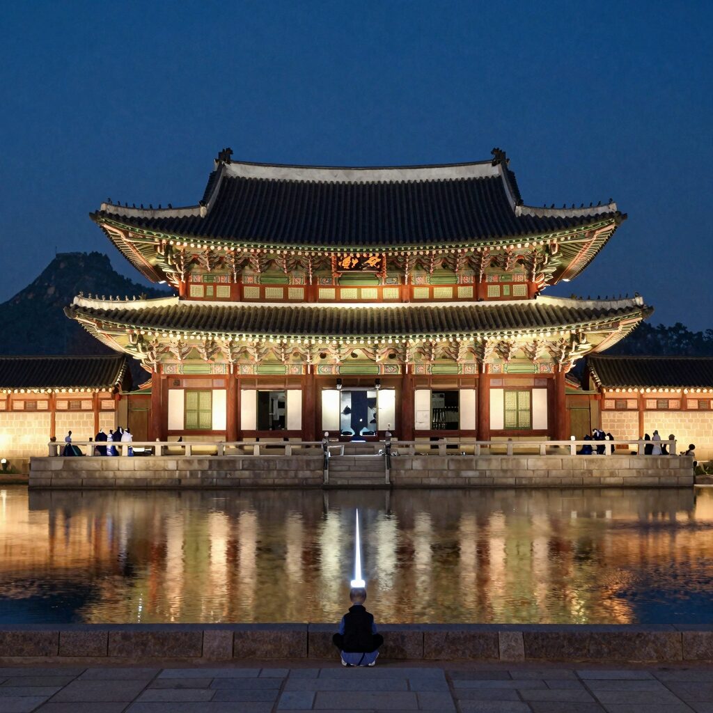 창경궁 야간 특별관람 시 명정전과 화려한 조명이 비치는 연못 풍경