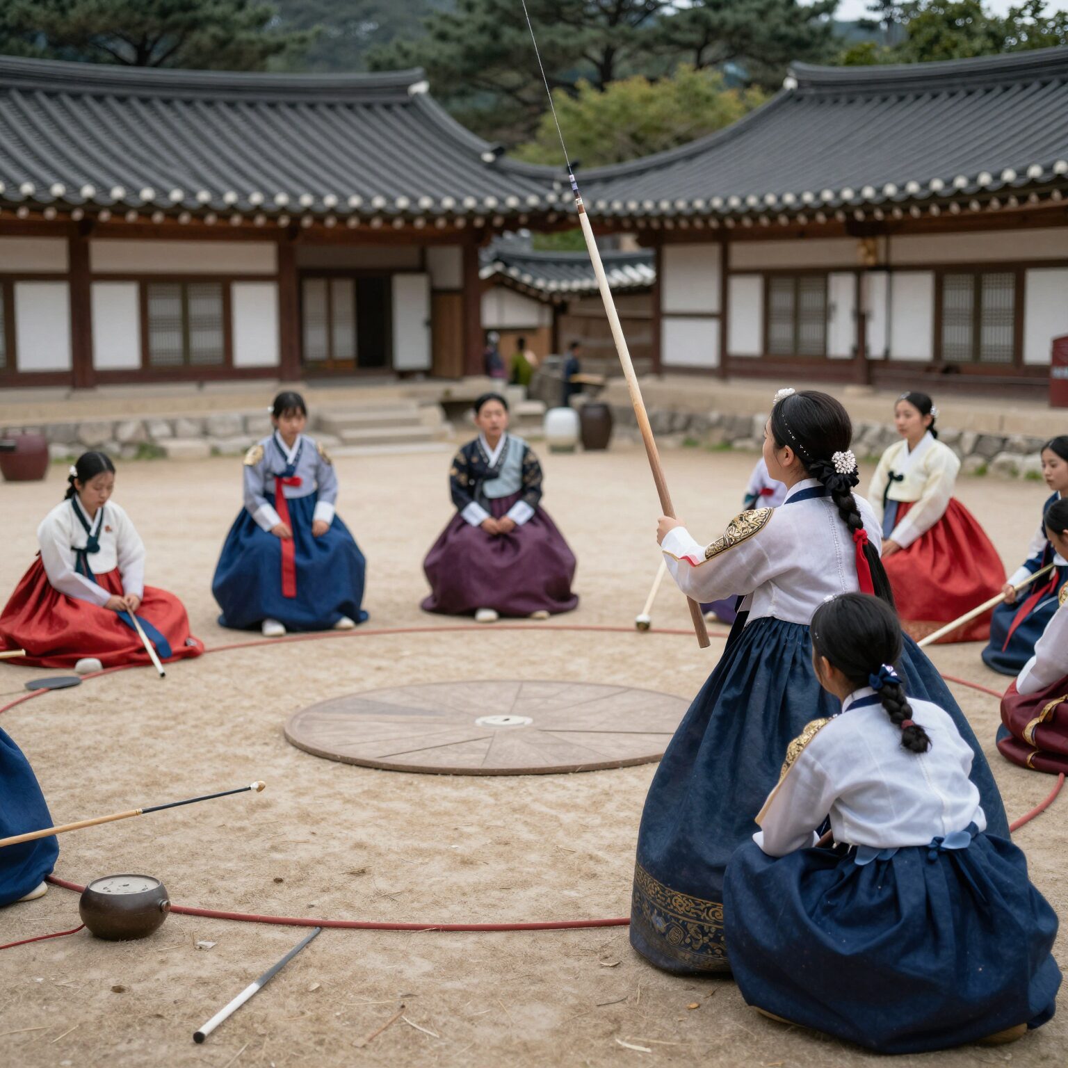 청주 국가유산 야행에서 진행되는 전통 활쏘기 체험 모습, 참가자가 전통 복장을 하고 활을 쏘고 있다