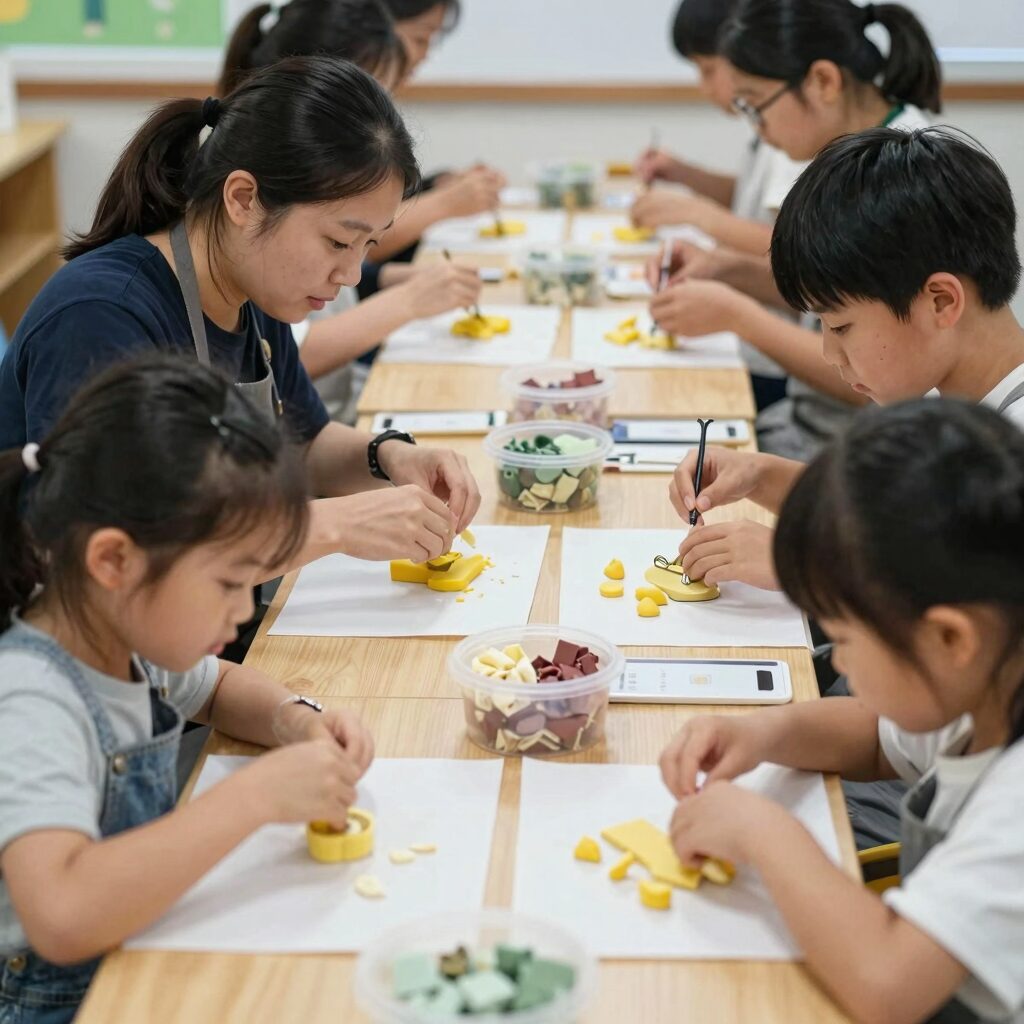 청주가 그린 페스티벌에서 가족들이 천연재료로 비누 만들기 체험을 즐기고 있는 모습, 상당공원 잔디밭 배경