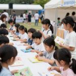 파주출판도시 어린이책잔치에서 아이들이 책과 함께 웃고 있는 모습, 북마켓과 야외 공연장이 보인다