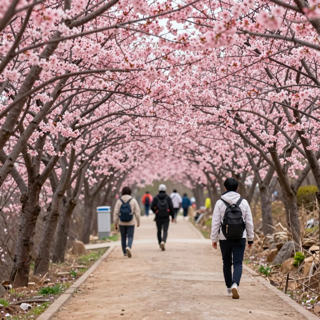 봄철 두위봉 철쭉길에 핀 분홍색 철쭉꽃과 등산객들
