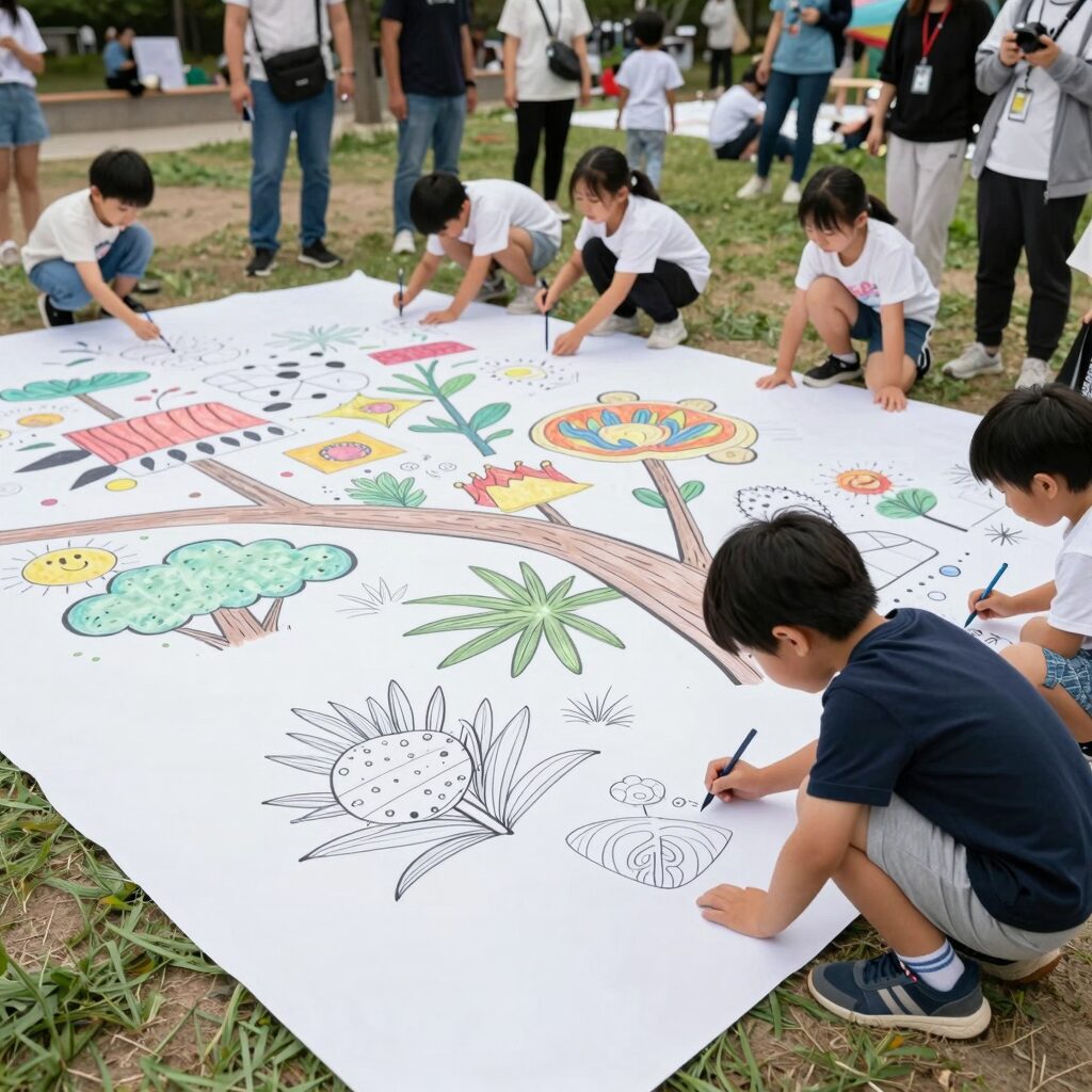 야외 공원에서 열린 어린이 가족 예술축제에서 아이들이 거대한 그림을 함께 그리고 있는 모습