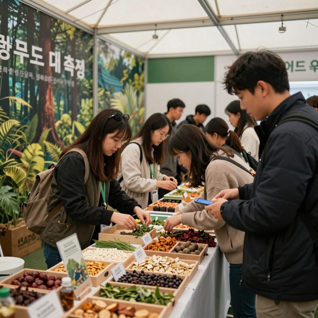 2026 숲푸드 대축제에서 임산물 부스를 방문하고 체험하는 방문객들의 모습