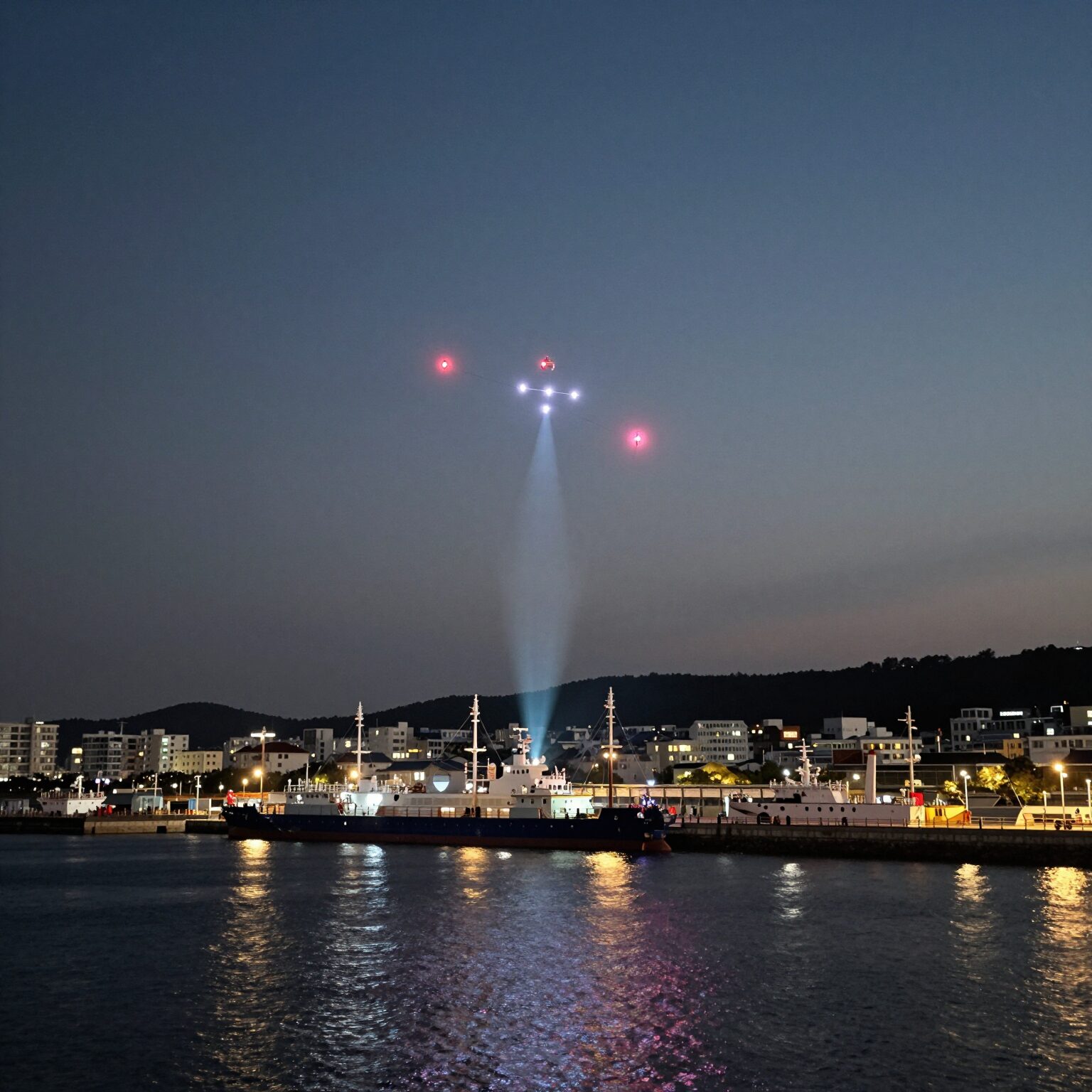 고흥 녹동항 드론쇼로 밝게 빛나는 야간 항구와 하늘의 드론 퍼포먼스