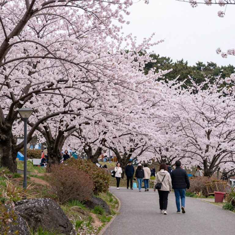 제주 골체오름 벚꽃축제 전경, 분홍빛 벚꽃이 핀 오름과 사람들