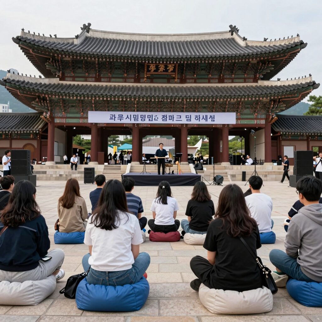 과천시민광장에서 열리는 재즈피크닉 행사장 전경, 돗자리를 깔고 앉아 있는 관람객들과 무대