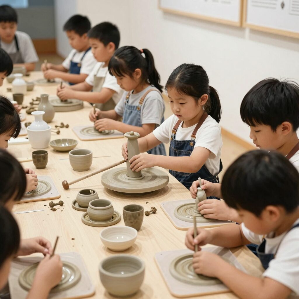 국립광주박물관에서 열리는 어린이 도자축제의 다양한 체험 모습, 아이들이 물레를 돌리고 흙으로 작품을 만드는 장면
