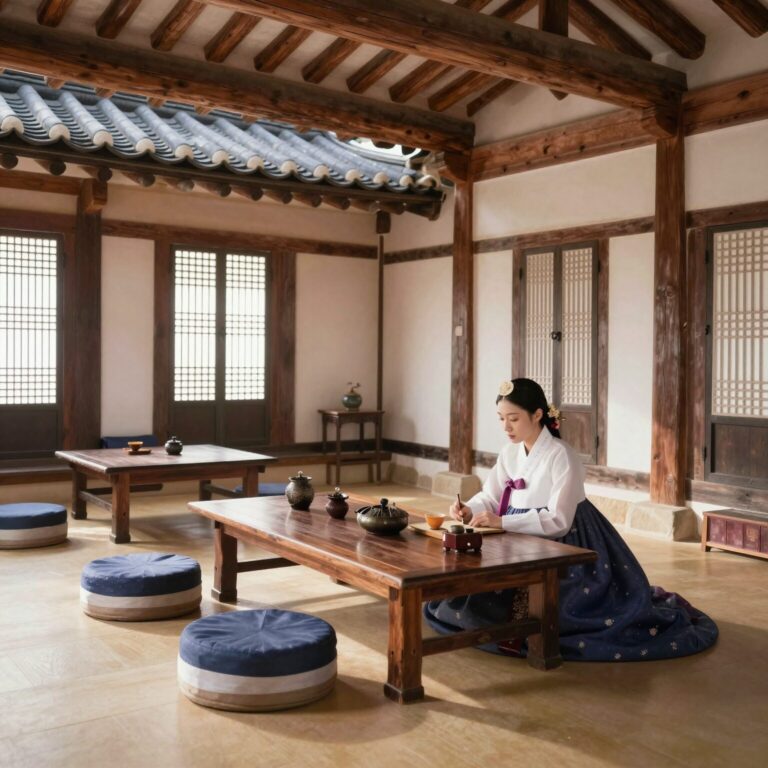 경복궁 생과방 내부 전통 한옥과 다과가 준비된 테이블