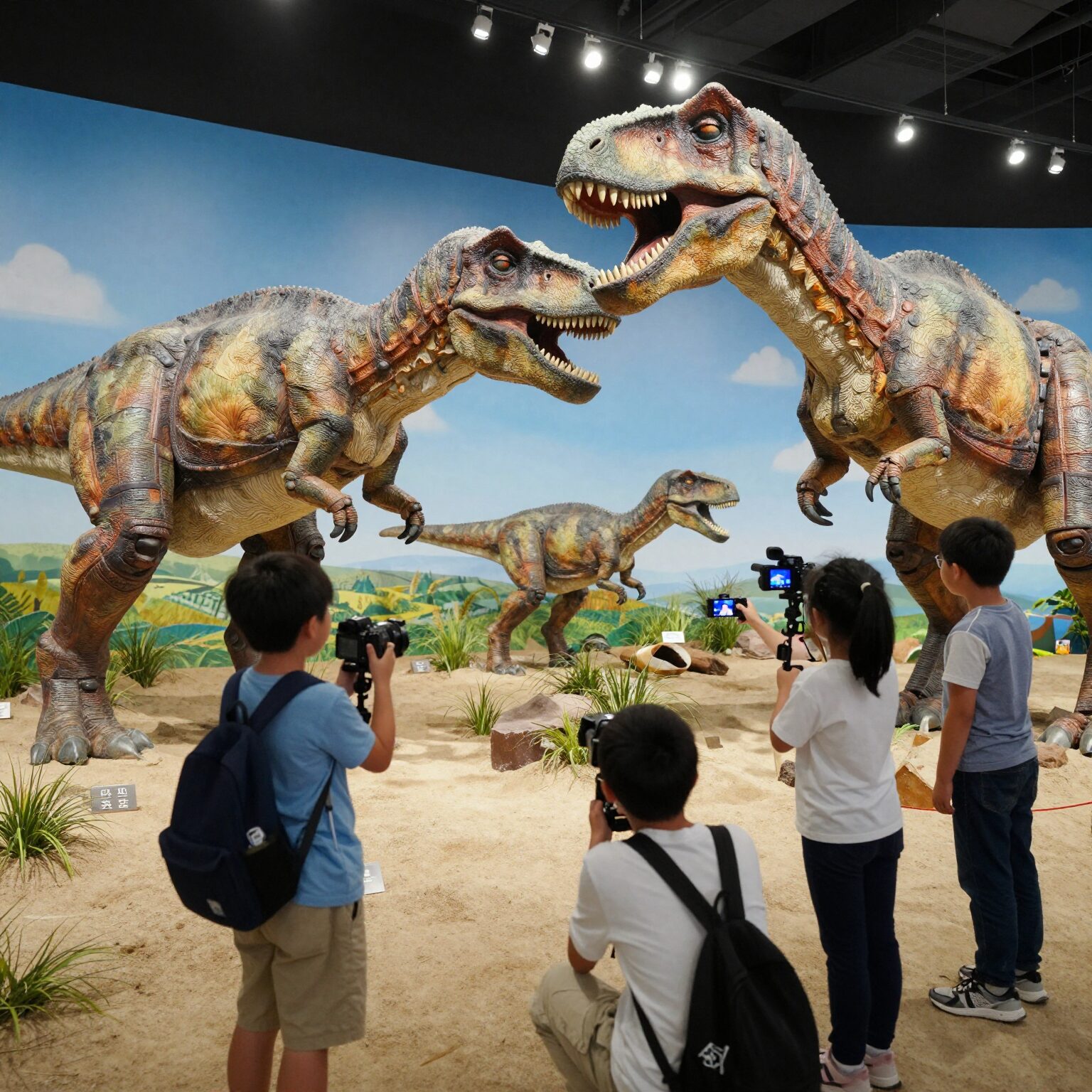 해남 공룡대축제에서 아이들이 로봇 공룡과 함께 사진을 찍고 있는 모습