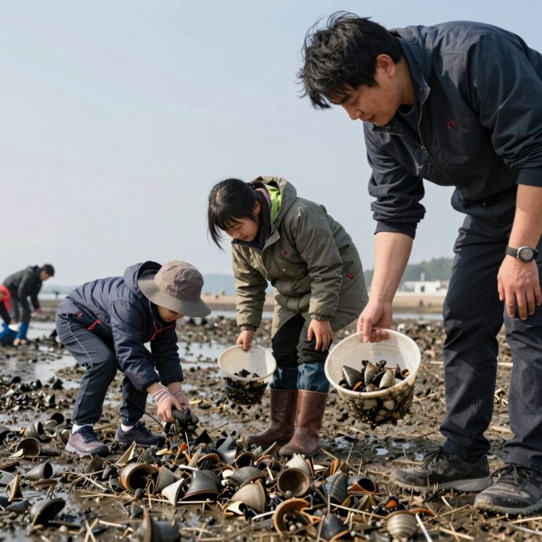 고창 하전 바지락 축제에서 가족이 갯벌에서 바지락을 캐고 있는 모습
