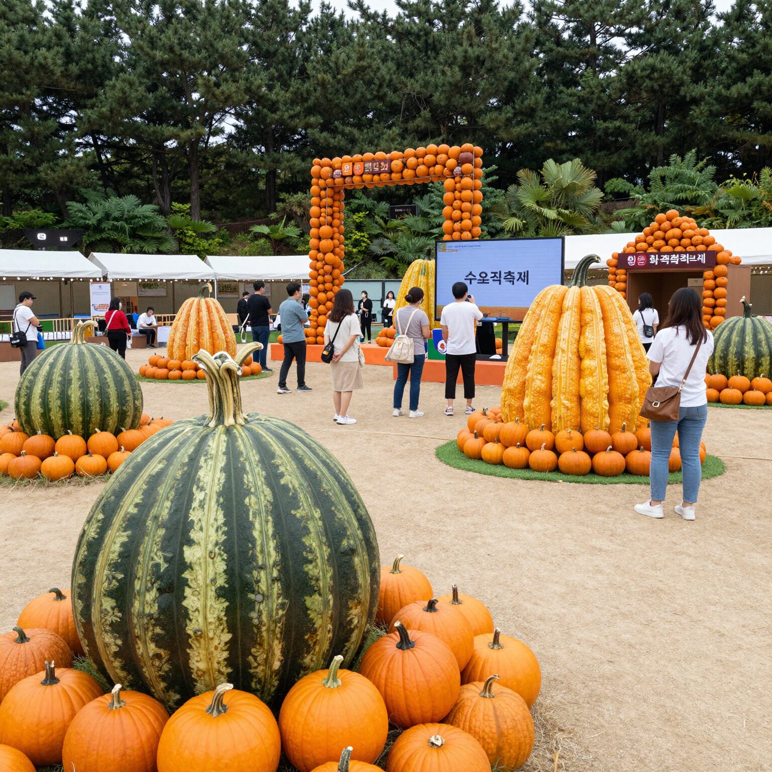 함안 함주공원에서 열리는 수박축제 현장, 다양한 수박으로 장식된 부스와 방문객들