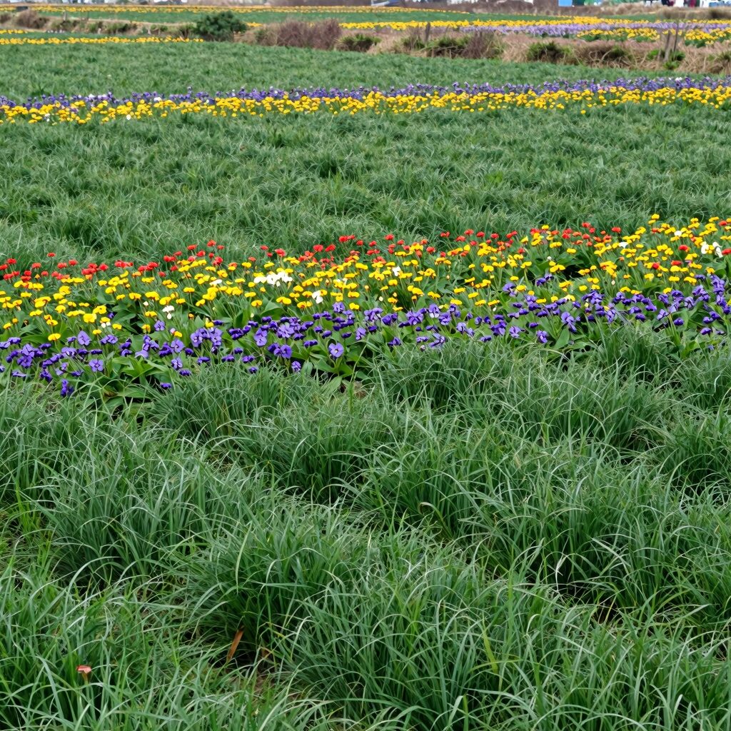 함안 칠서 청보리밭과 작약꽃밭이 함께 펼쳐진 광활한 풍경, 푸른 청보리 파도와 다양한 색의 작약꽃이 조화를 이룸