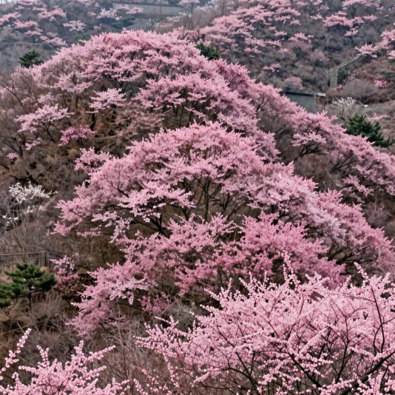 황매산 정상 부근에서 바라본 분홍색 철쭉 군락지와 울창한 산림의 풍경