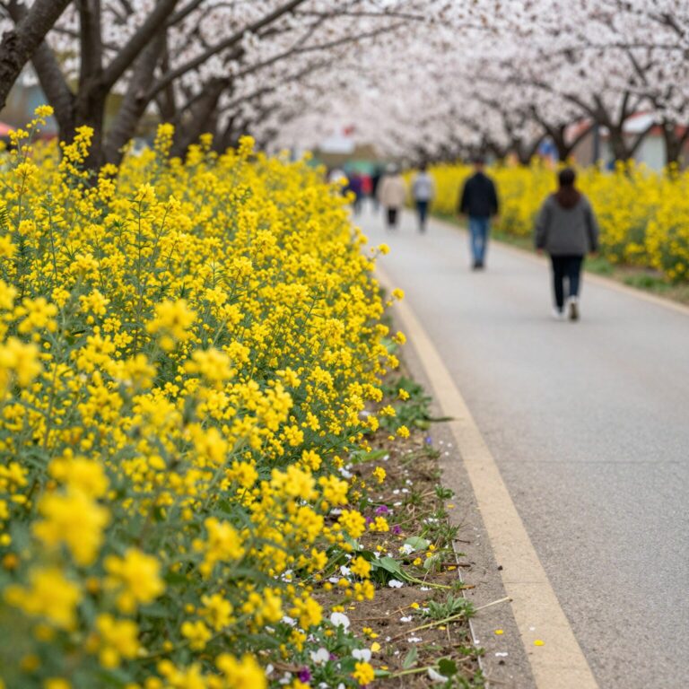 화순 봄꽃축제 꽃강길 풍경, 노란 유채꽃과 다양한 봄꽃들이 길가를 따라 펼쳐져 있다.