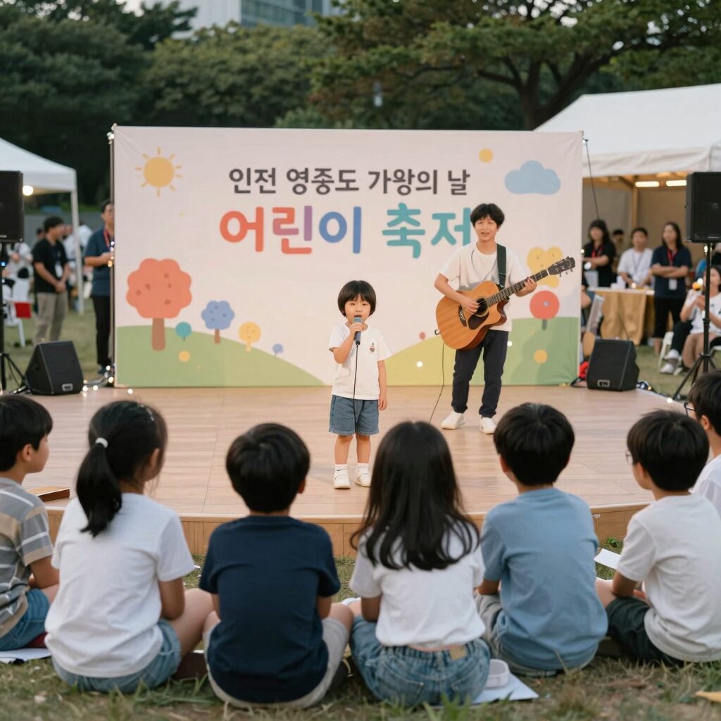 인천 영종도 가족의 달 어린이 축제 야외 공연장에서 아이들이 집중하며 공연을 관람하고 있는 모습