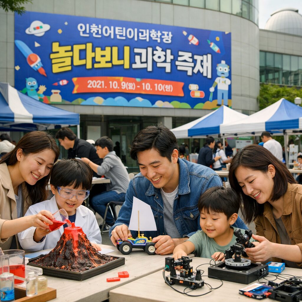 인천어린이과학관 놀다보니 과학 축제 포스터와 가족들이 체험하는 모습