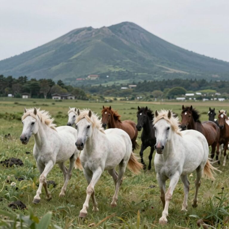 제주마 수백 마리가 초원을 질주하는 입목 퍼포먼스 장면, 한라산이 배경인 광활한 풍경