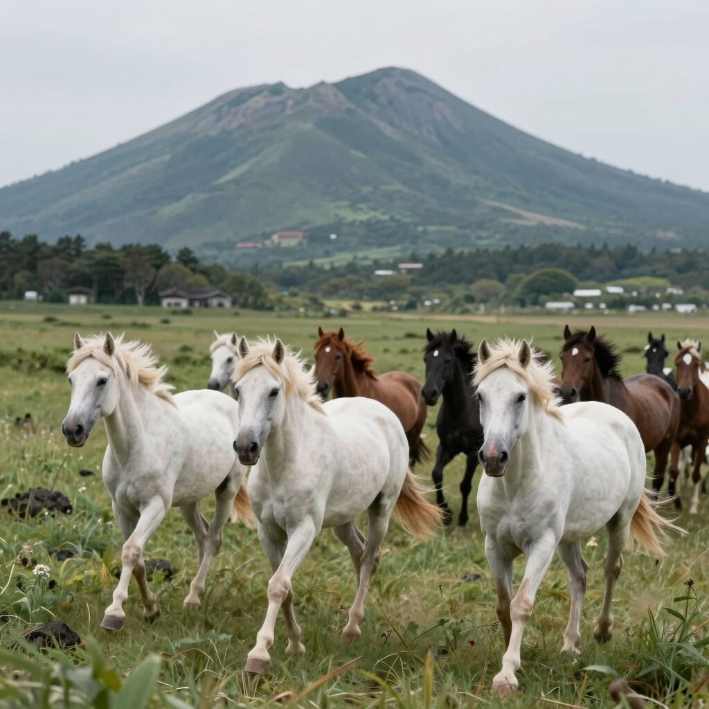 제주마 수백 마리가 초원을 질주하는 입목 퍼포먼스 장면, 한라산이 배경인 광활한 풍경