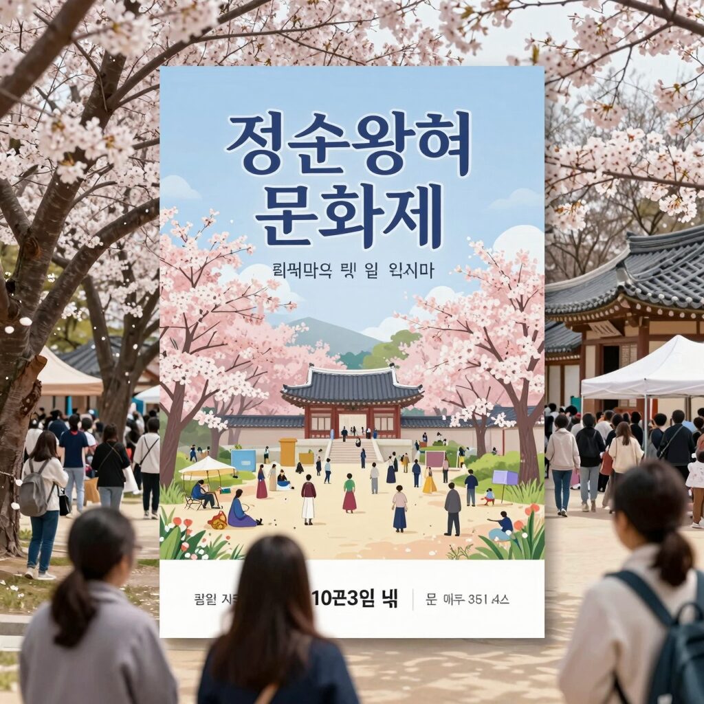 봄날 숭인근린공원에서 열리는 정순왕후 문화제 포스터와 행사장 전경 상상도