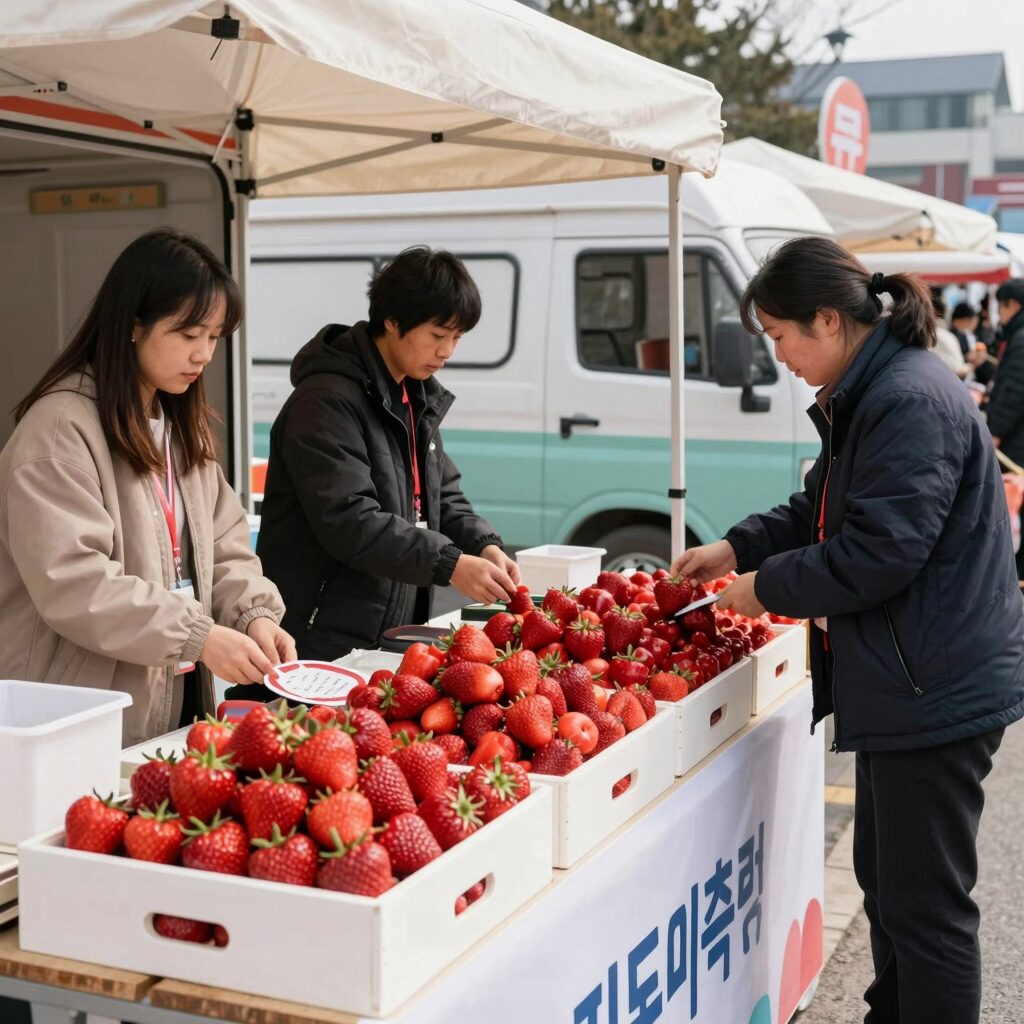 진주딸기축제 현장의 딸기 판매장과 푸드트럭 거리 모습