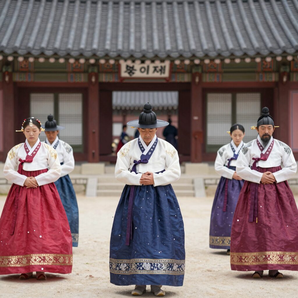 조선 왕실 종묘대제 제례 의식 진행 장면, 정전 앞에서 제관과 일무 공연이 펼쳐지는 모습