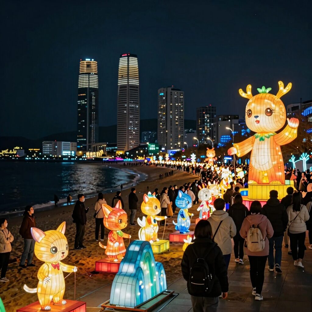 부산 해운대 해변가를 따라 펼쳐진 화려한 연등 퍼레이드 야경