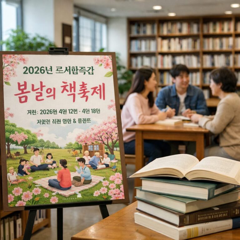2026년 도서관주간 봄 테마 행사 포스터와 책이 놓인 도서관 내부 모습