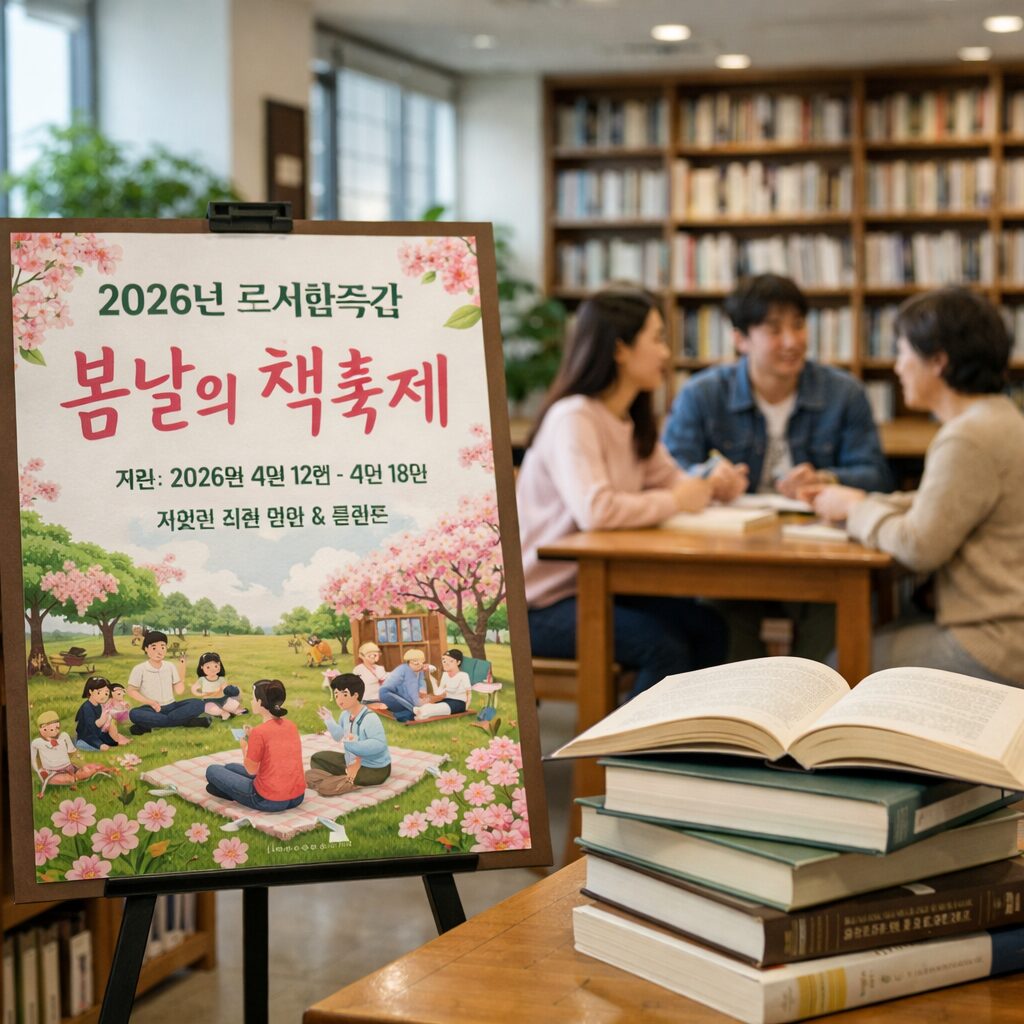 2026년 도서관주간 봄 테마 행사 포스터와 책이 놓인 도서관 내부 모습