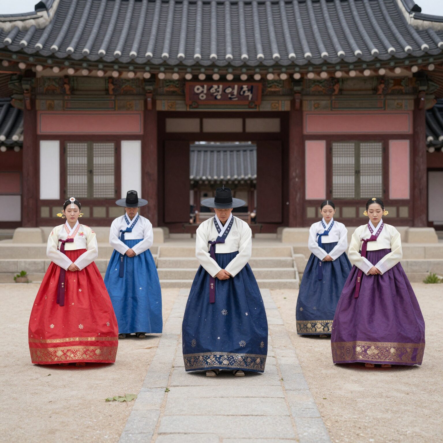 종묘 영녕전 앞마당에서 열리는 묘현례 뮤지컬 공연 장면, 배우들이 전통 의상을 입고 공연 중이다.
