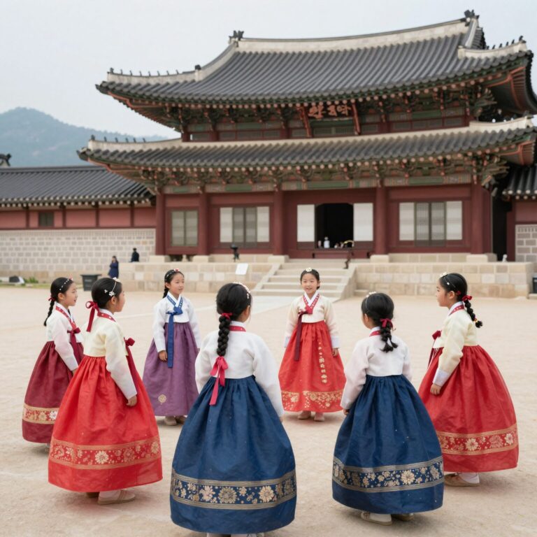 남한산성 행궁에서 아이들이 전통 한복을 입고 즐겁게 체험하는 모습