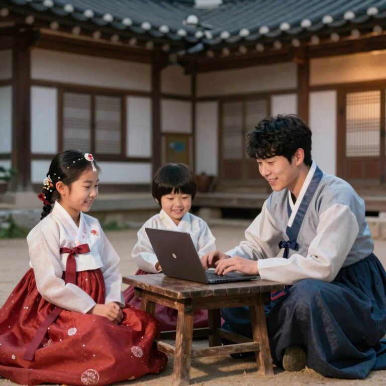 산청 동의보감촌에서 가족이 챗봇 미션을 수행하며 웃고 있는 모습