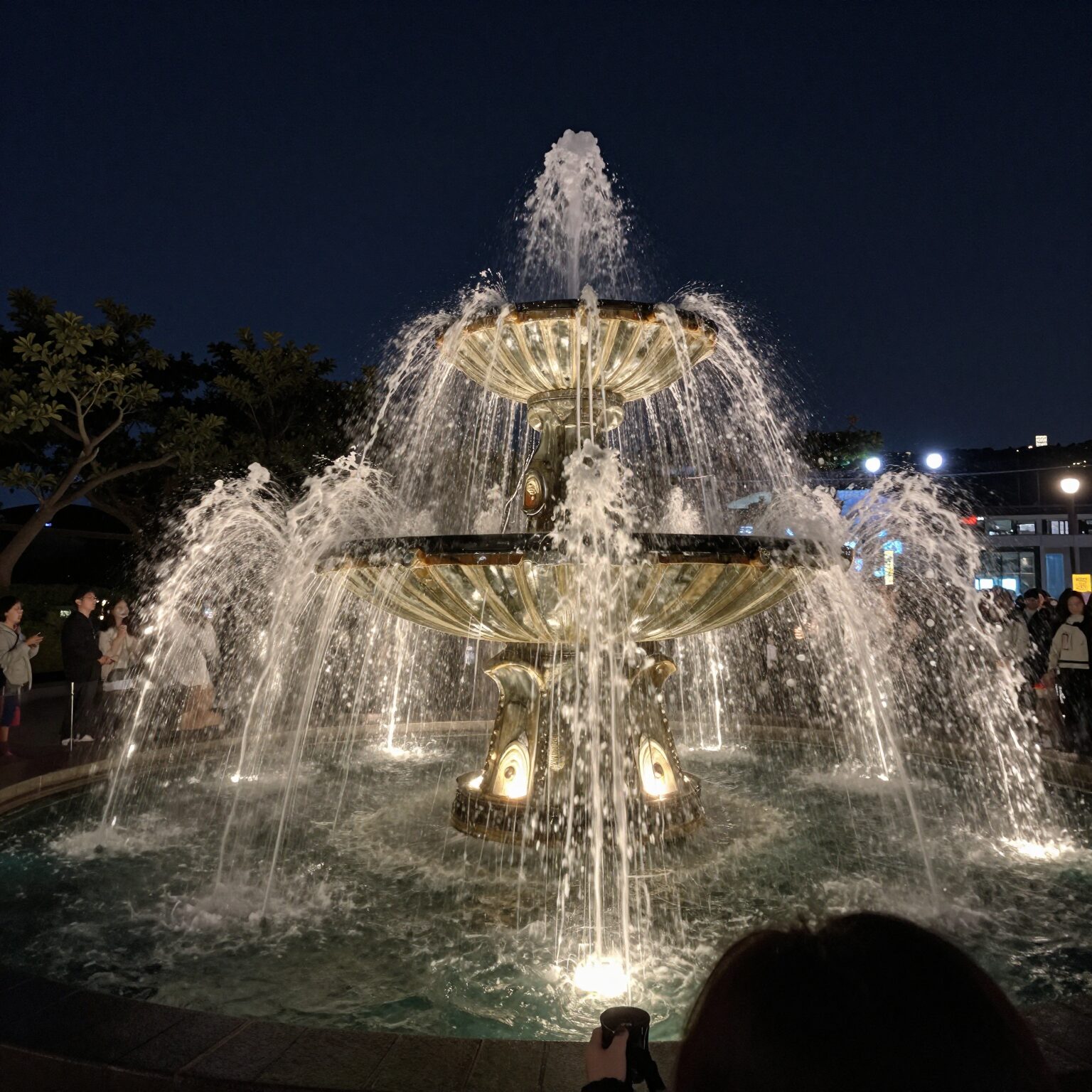 제주 서귀포 새연교 야간 조명과 음악분수쇼가 펼쳐지는 모습