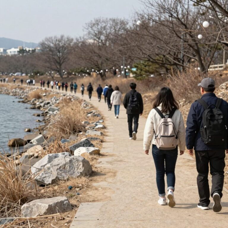 서빙고길 한강변 자연형 호안을 따라 걷는 탐방객들의 뒷모습