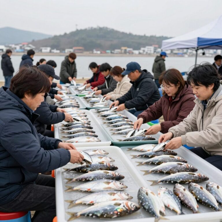 서천 마량진항 자연산 광어 도미 축제장 전경과 사람들이 회를 즐기는 모습