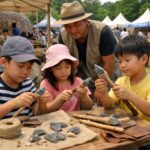 공주 석장리 구석기축제에서 아이들이 돌창 만들기 체험을 하는 모습