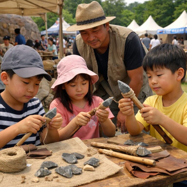 공주 석장리 구석기축제에서 아이들이 돌창 만들기 체험을 하는 모습