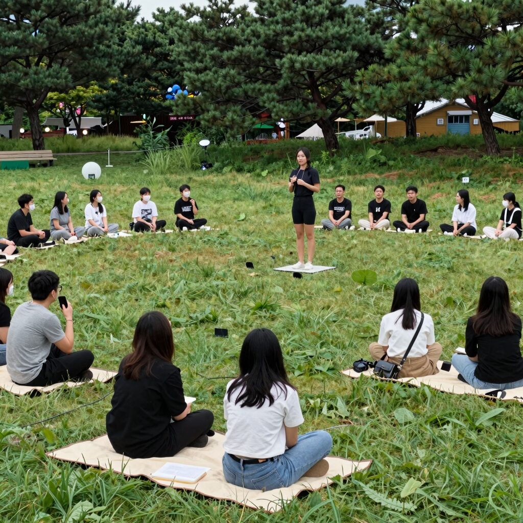 노들섬 잔디마당에서 펼쳐지는 서울서커스페스티벌의 다양한 공연 장면, 관객들이 돗자리에 앉아 관람하고 있음