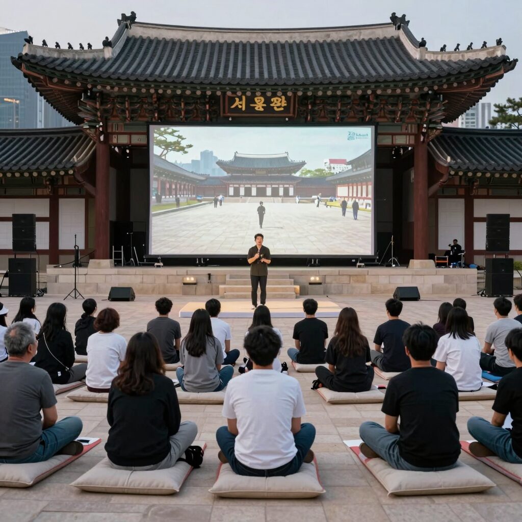 서울광장 야외무대에서 펼쳐지는 문화공연 장면, 관객들이 돗자리에 앉아 공연을 관람하고 있음