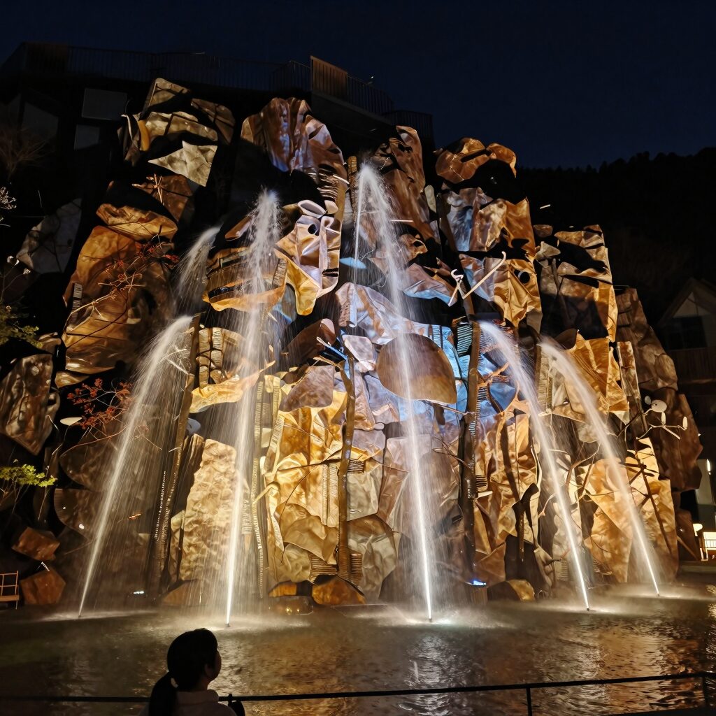 강원도 원주 소금산 그랜드밸리 나오라쇼 야간 공연 장면, 암벽과 분수의 화려한 조명