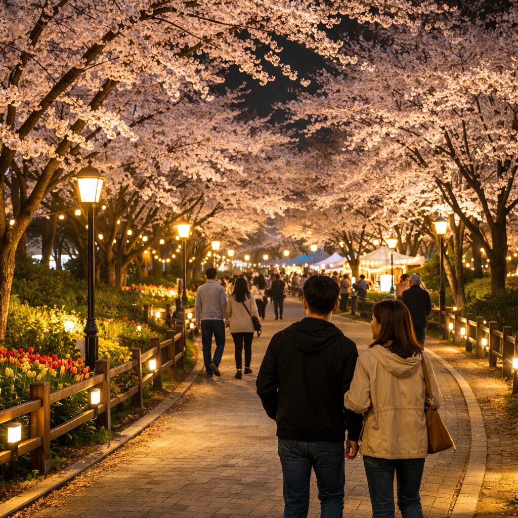 강서봄빛페스타 야간 조명으로 화려하게 밝혀진 방화근린공원 산책로와 벚꽃 나무