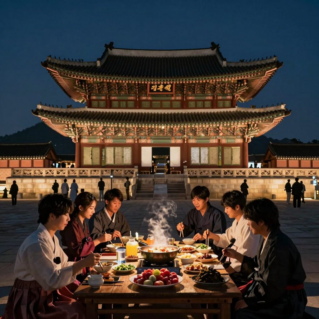 저녁 조명이 비치는 경복궁 수라간 야경과 전통 음식 체험 모습