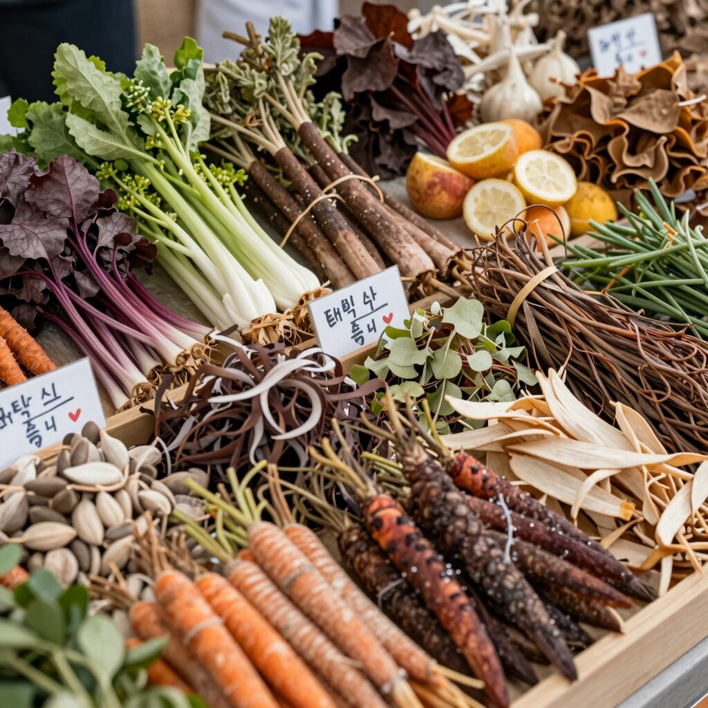 태백 산나물 축제에서 판매되는 다양한 신선한 산나물들