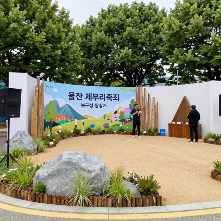 울산 쇠부리축제 북구청 광장 전경 포토존과 부스들이 보인다