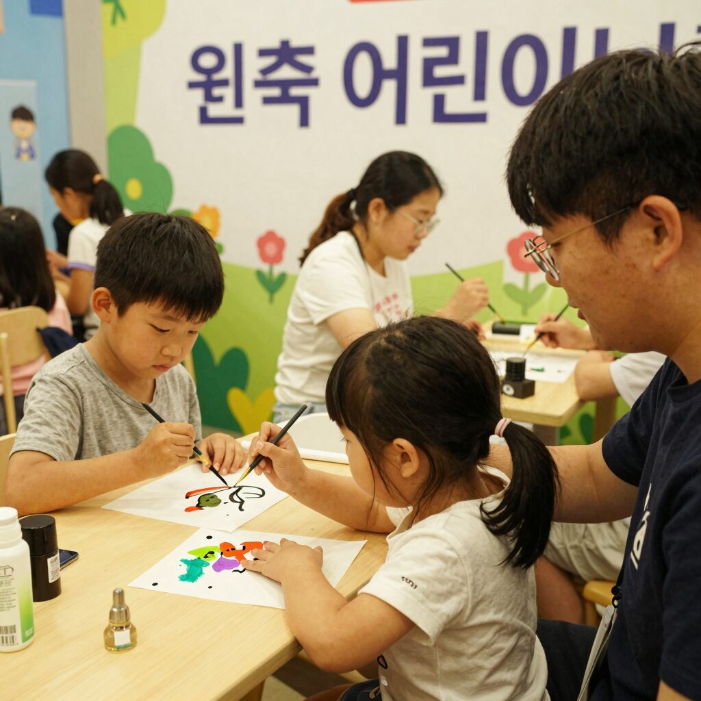 원주 어린이날 큰잔치 체험 부스에서 아이가 페이스 페인팅을 받고 있는 모습