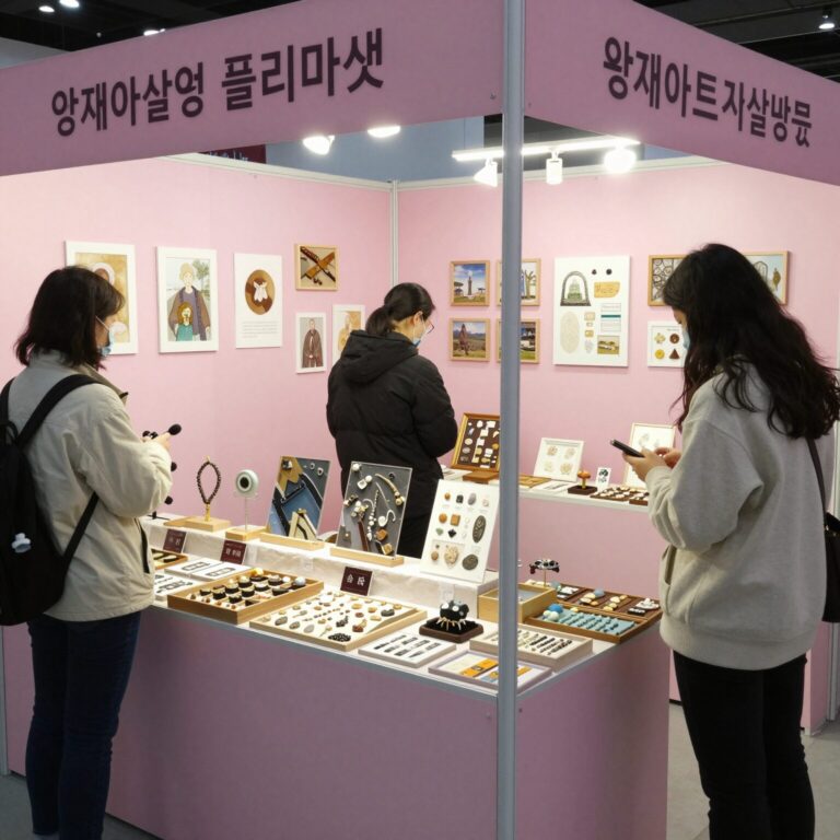 양재아트살롱 플리마켓 핑크색 부스와 다양한 수공예품 진열